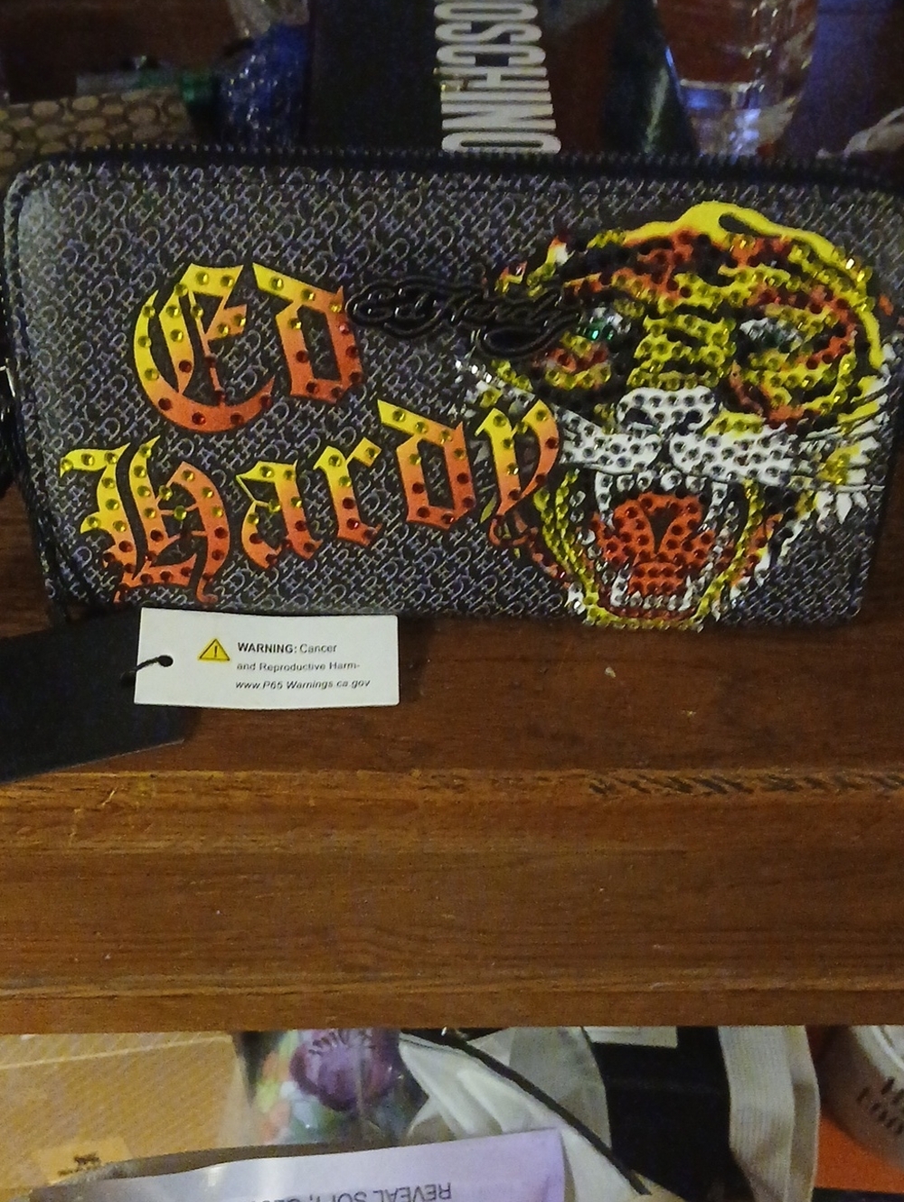 Ed Hardy Black Zip Wallet with Yellow and Orange Tiger Graphic NWT